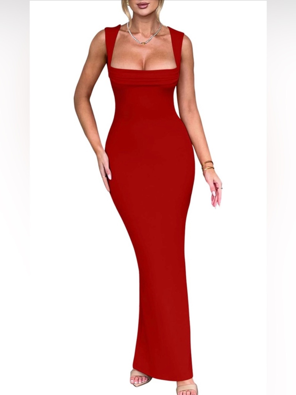 Red Square-Neck Bodycon Maxi Dress